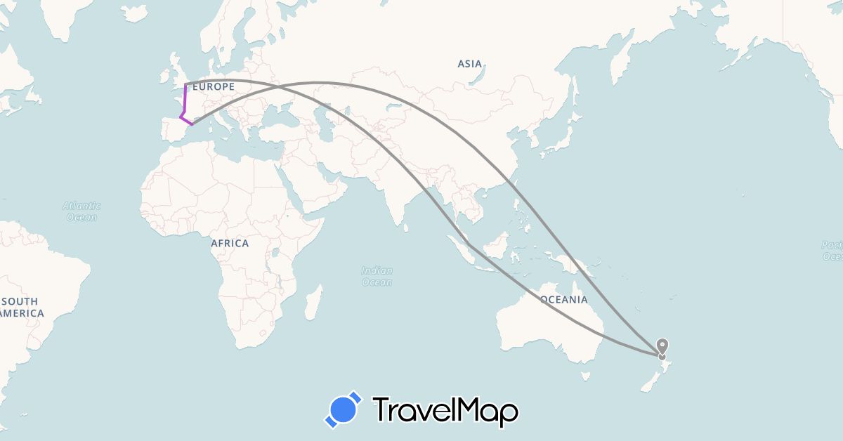 TravelMap itinerary: driving, plane, train in Spain, France, United Kingdom, New Zealand, Singapore (Asia, Europe, Oceania)